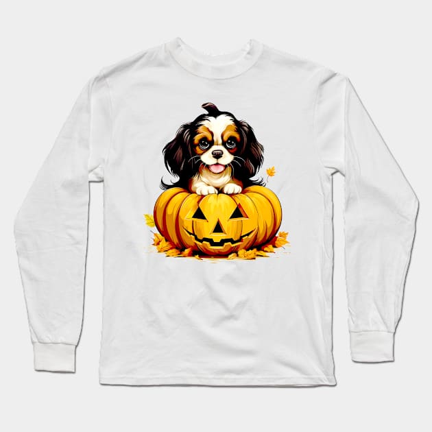 Cavalier King Charles Spaniel Dog inside Pumpkin#1 Long Sleeve T-Shirt by Chromatic Fusion Studio